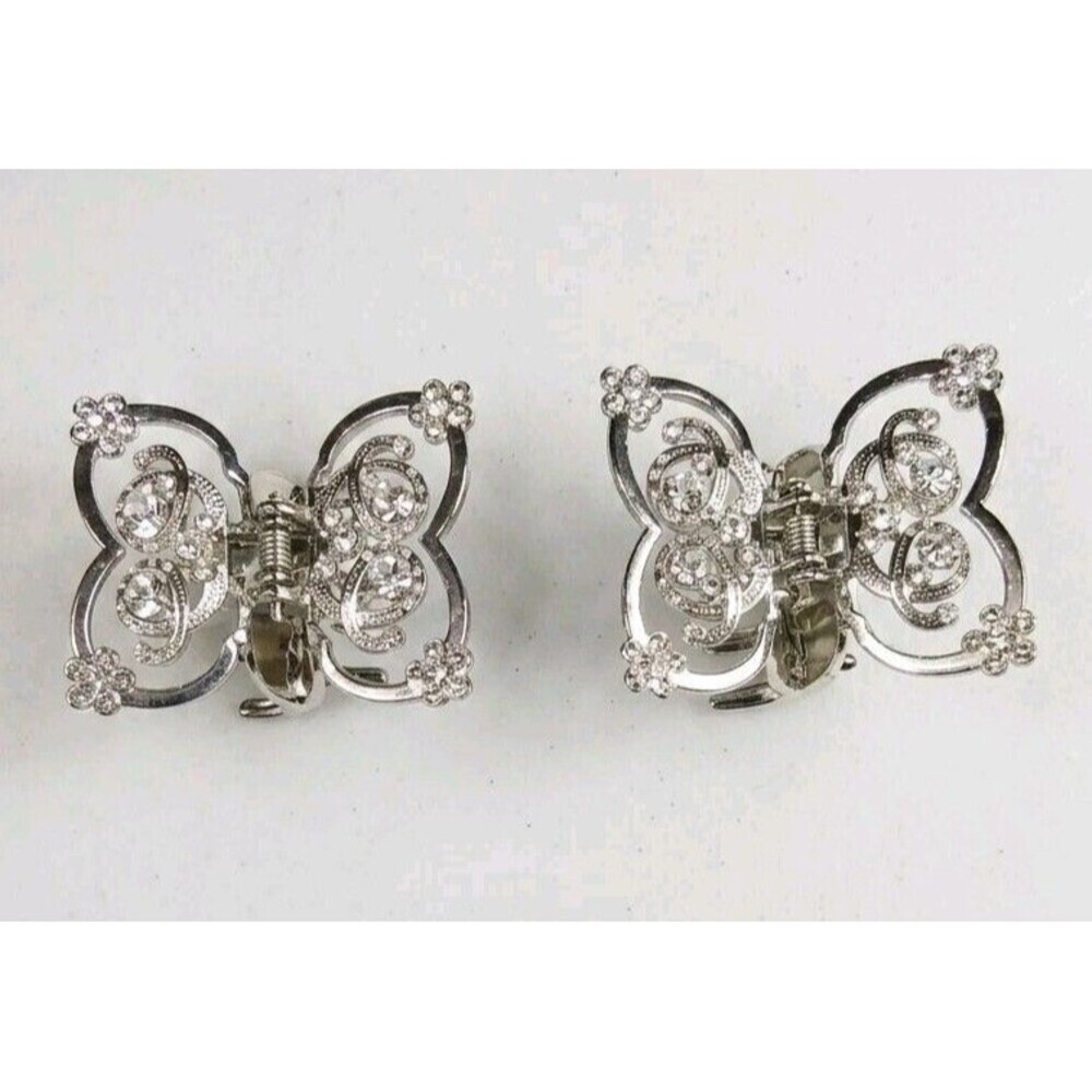 Vintage Silver Butterfly Claw Clip Set Rhinestone Crystal Metal Hair Jaw Clamps
